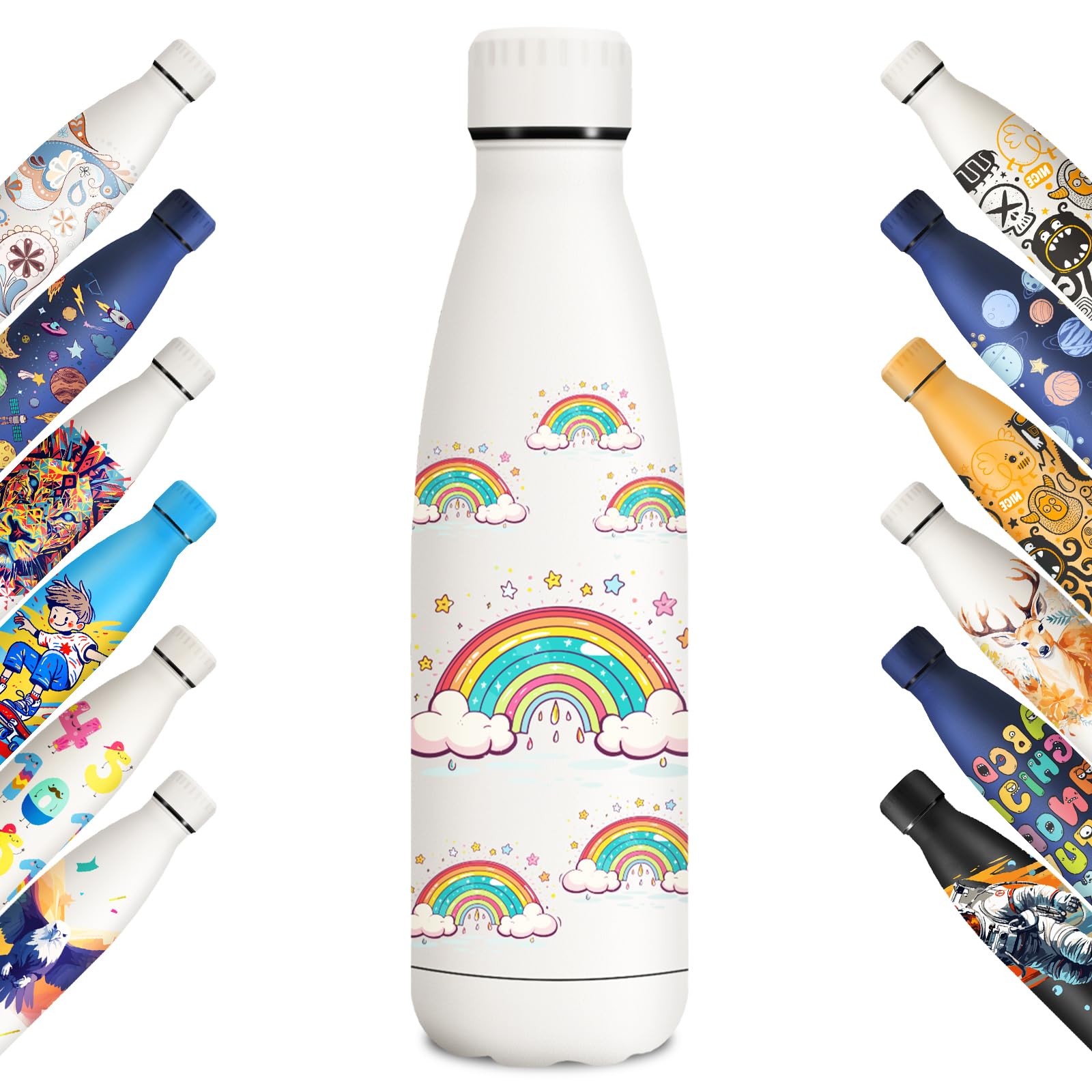 KollyKolla Trinkflasche 500ml, Thermosflasche mit Muster, Isolierflasche BPA-Frei Auslaufsicher, Vakuum Thermosflasche, Wassflasche für Sport, Erwachsener, Kinder, Fussball, Uni, Regenbogen-Weiß