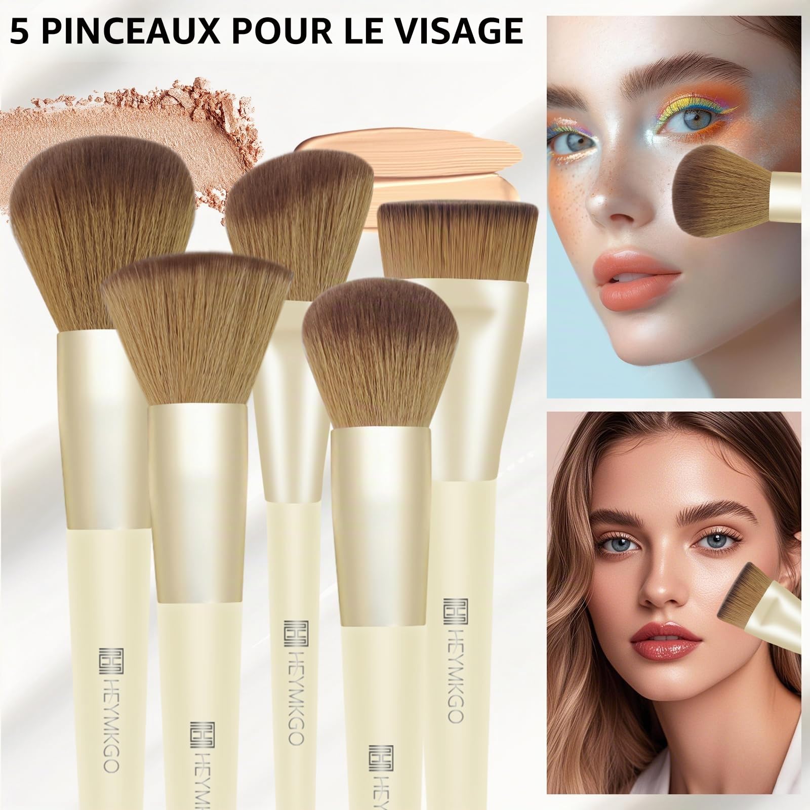 HEYMKGO Set de pinceaux de maquillage 16 pièces avec sac en velours, pinceaux professionnels pour fond de teint, correcteur et visage avec poignée en bois - Set complet pour maquillage parfait