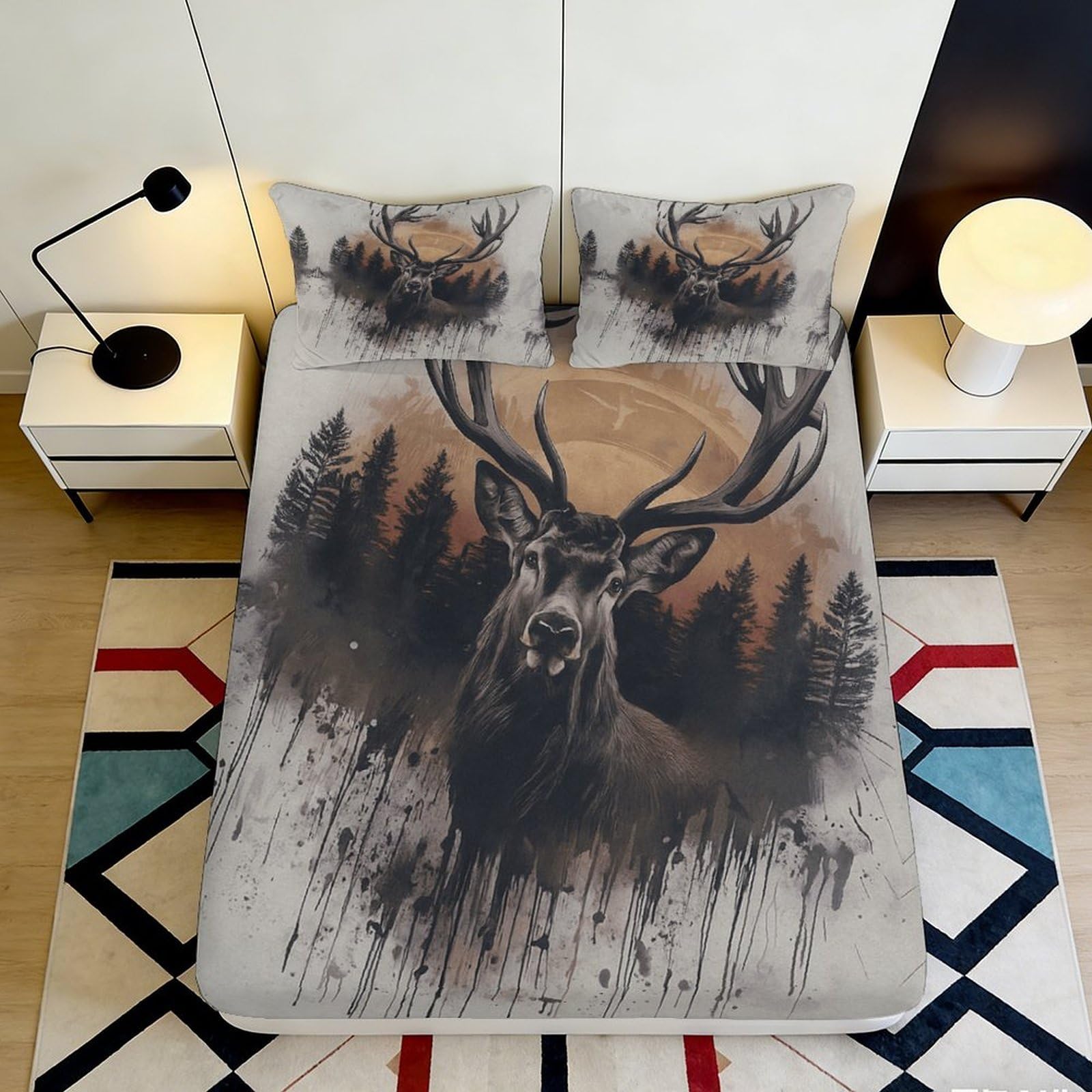3D Printed Deer Forest Fitted Sheet Microfiber Soft Breathable Stag Bed Cover for Bedroom Dormitory Guest Room Mattress Protection Decor 200x200x25cm