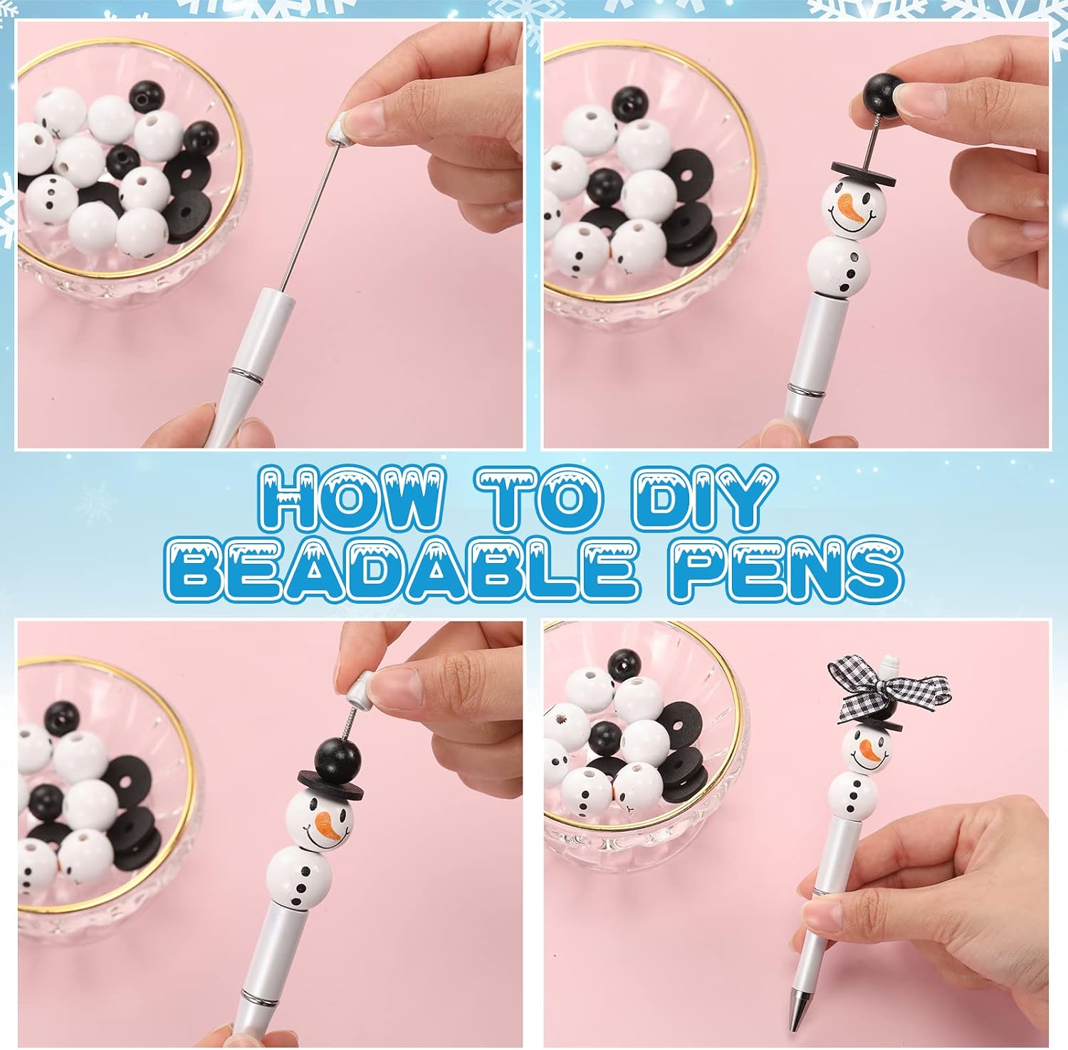 Beadable Pens Bulk Winter Bead Pens and Snowmen Wooden Beads Buffalo Plaid Ribbon Snowman Ballpoint Pen Plastic Black Ink Pen Winter Gifts for Christmas Students School Office Supplies(102 Pcs)