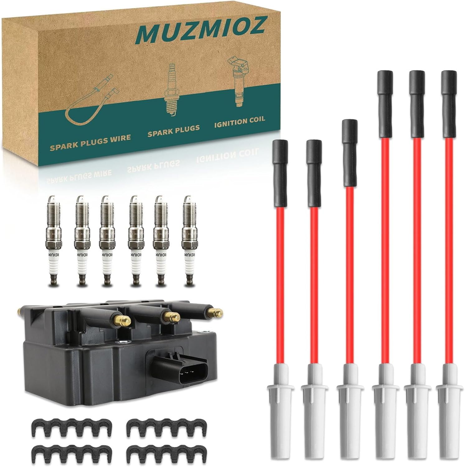 Set of 1 Ignition Coils Pack 56029098AA UF305 with 6 Iridium Spark Plugs and Spark plug Wire Set Compatible with Chrysler Dodge Pacifica Town Country Voyager Grand Caravan Routan V6 3.3L