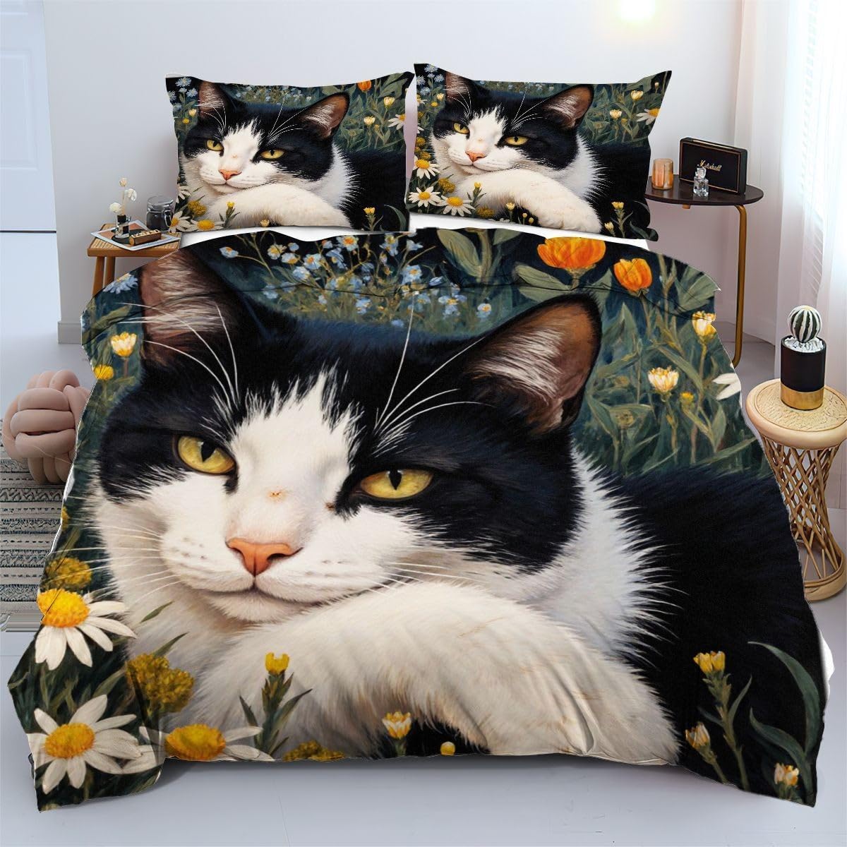 Linge de lit de haute qualité 140x200 cm chat noir blanc premium