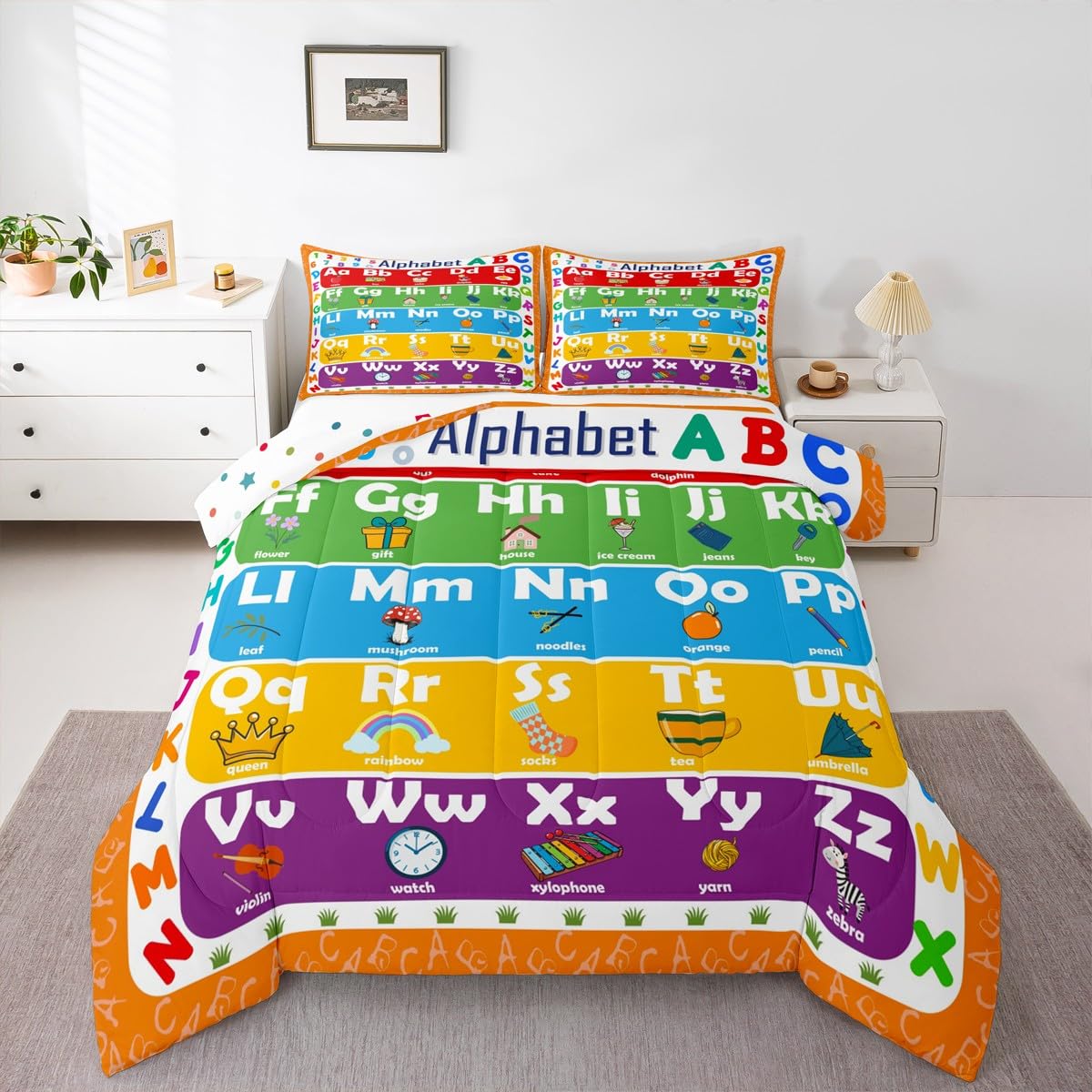 Feelyou ABC Alphabet Comforter Set Twin Size, Learning Alphabet Bedding Set Kids Toddler Educational Comforter Word Educational Duvet Set Durable Bed Set 2Pcs
