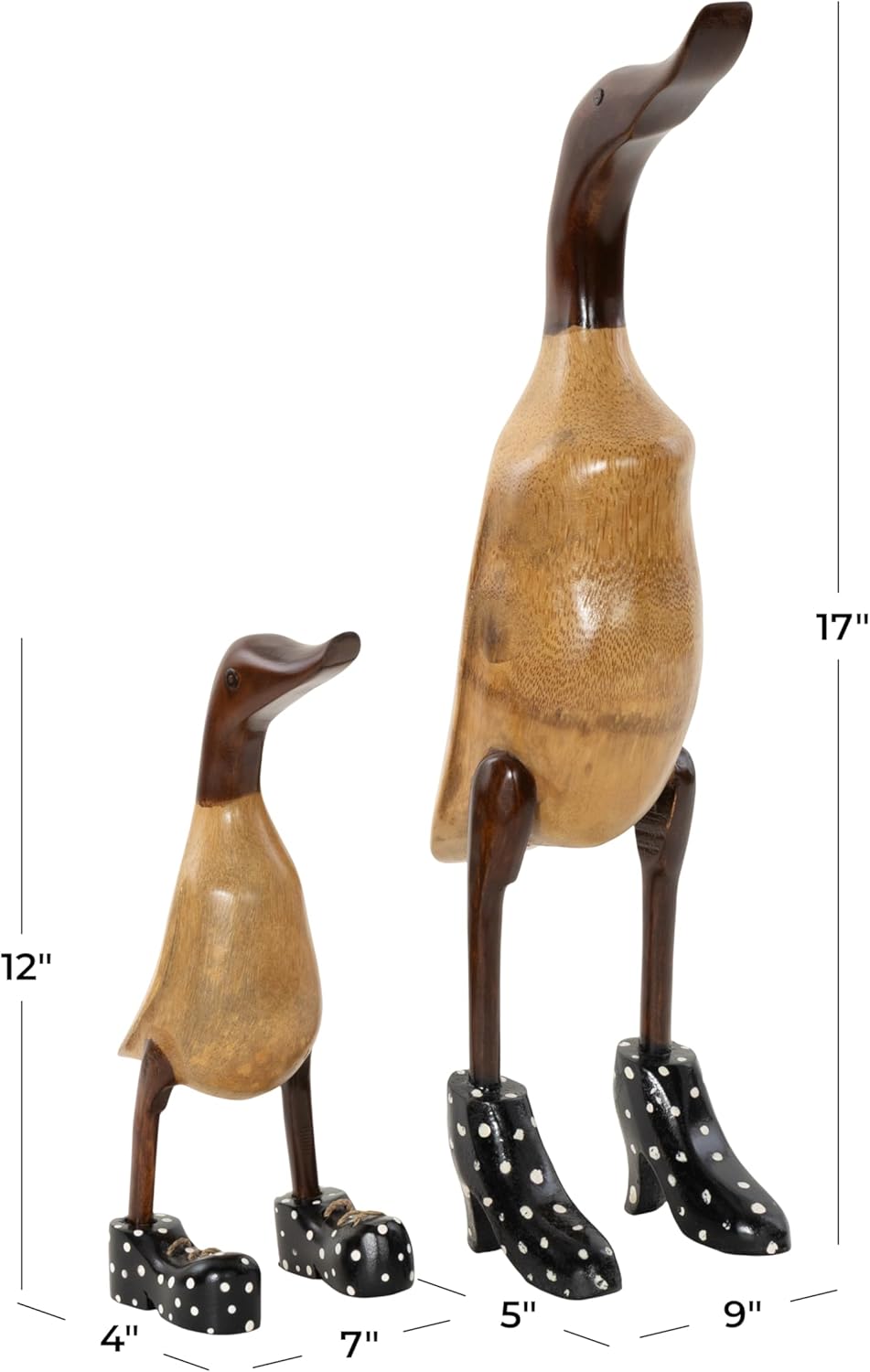 Deco 79 Bamboo Wood Duck Decorative Sculpture Home Decor Statues with High Heels and Boots, Set of 2 Accent Figurines 17", 12"H, Brown