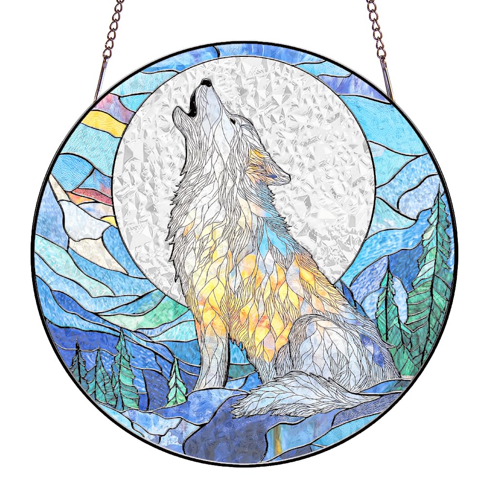 SUPERDANT Acrylic Suncatcher 20cm Round Jungle Wolf Window Art Shatterproof Weatherproof Hanging Decor for Patio Balcony Living Room