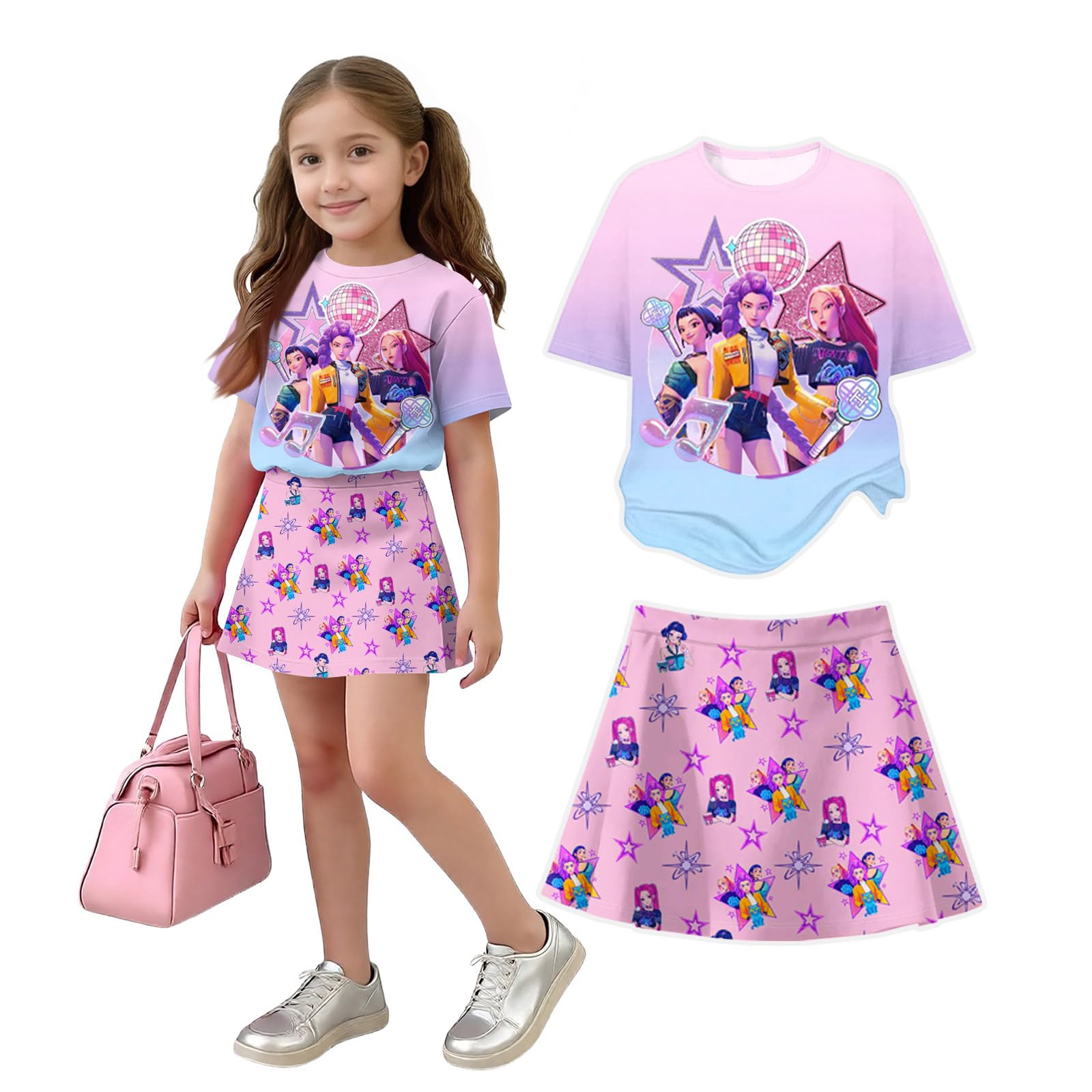 K Pop Short Sleeve T-Shirt and Skirts Outfits Set for Girls Hunters Girl's Anime Graphic Tees De-Mon Summer Sets — view 40