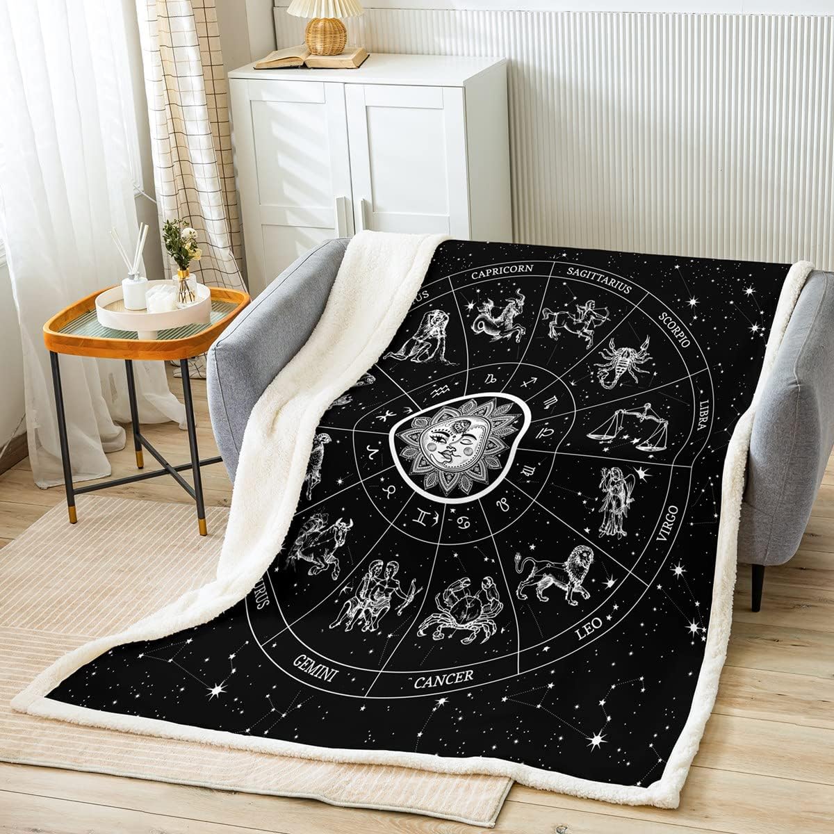 Erosebridal Sun Sherpa Blanket Throw Size,Twelve Constellations Zodiac Blanket Stars Starry Sky Throw Blanket Trippy Astrology Fleece Blanket Mystic Space Flannel Blanket,Black White Couch Chair Decor