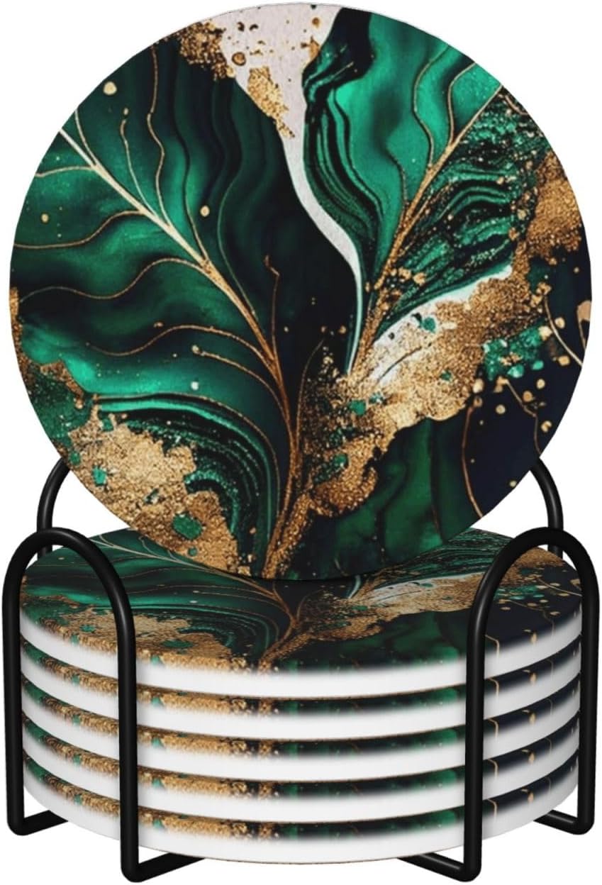 Emerald Green Marble,Round Ceramic Coasters, Mugs Pad, Cups Mat Set of 6 Drinks Coasters With Holder