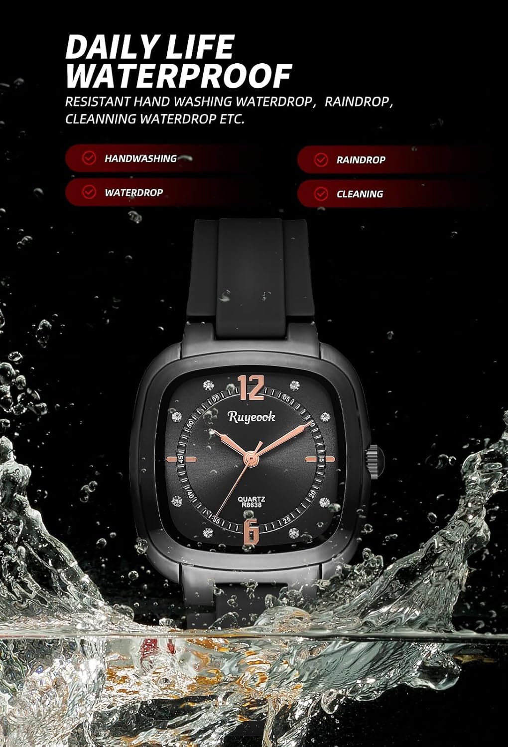 Women's Square Watch, Silicone Band, Waterproof Casual Dress Quartz Wristwatch for Nurse Female Ladies