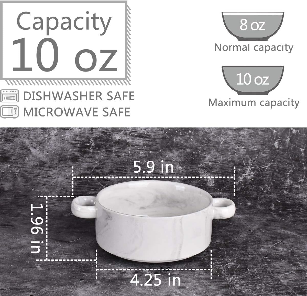 Bosmarlin Ceramic Marbling Souffle Dishes, 10 Oz, Dould Handle Ramekin for Baking, Set of 6 (Marbling Grey, 10 Oz)