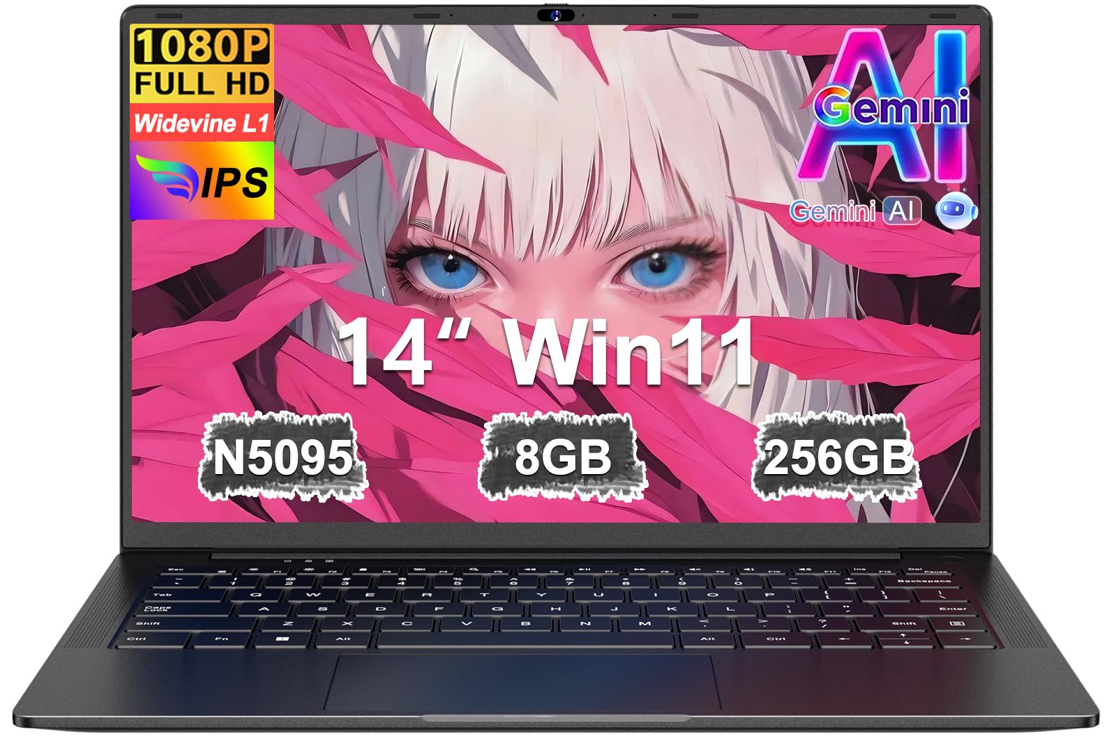 Pc Portatile 14 Pollici Win11 Notebook Celeron N5095 Upto 2,9 GHz Laptop 8GB RAM 256GB SSD TF 1TB LPDDR4 5G WiFi 1920*1080 FHD USB 3.0 Laptop QWERTY Tastiera Film Italiana - Nero Corpo in Metallo-1
