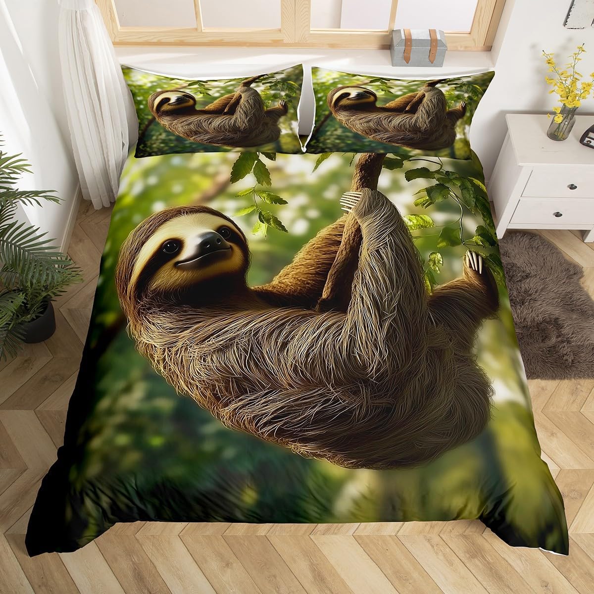 Erosebridal Sloth Comforter Cover Botanical Leaf Bedding Set,Tree Branches Duvet Cover Woodland Animals Quilt Cover for Kids Boys Girls Teens,Twin