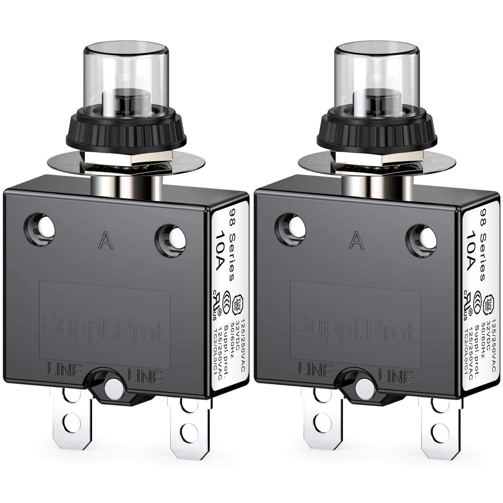 CLDIY Thermischer Schutzschalter, 98 Serie 10A 125 / 250VAC Drucktasten-Reset für Schutzschalter mit Schnellanschlussklemmen und wasserdichter Tastenabdeckung 32VDC, 2 Stck
