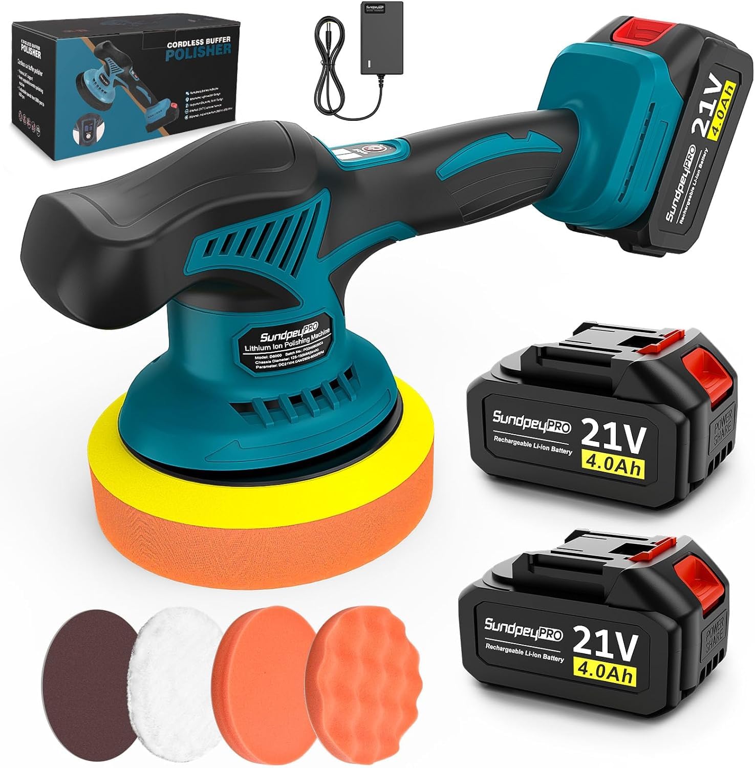 21V Lucidatrice Auto a Batteria, Lucidatrice Rotorbitale da 6 Pollici con 2 Batterie da 4.0Ah e 8 Velocità Variabili e 6000RPM