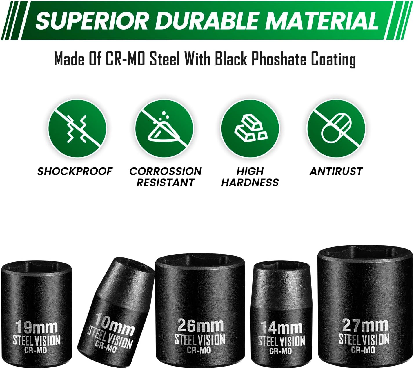 Steel Vision Tools 14-Piece 1/2" Drive Metric Shallow Impact Socket Set, CR-MO Steel, Sizes 10mm to 27mm, Metric, 6 Point, Shallow, 14 Pieces, 1/2" Dr, Shallow Socket, Professional Grade