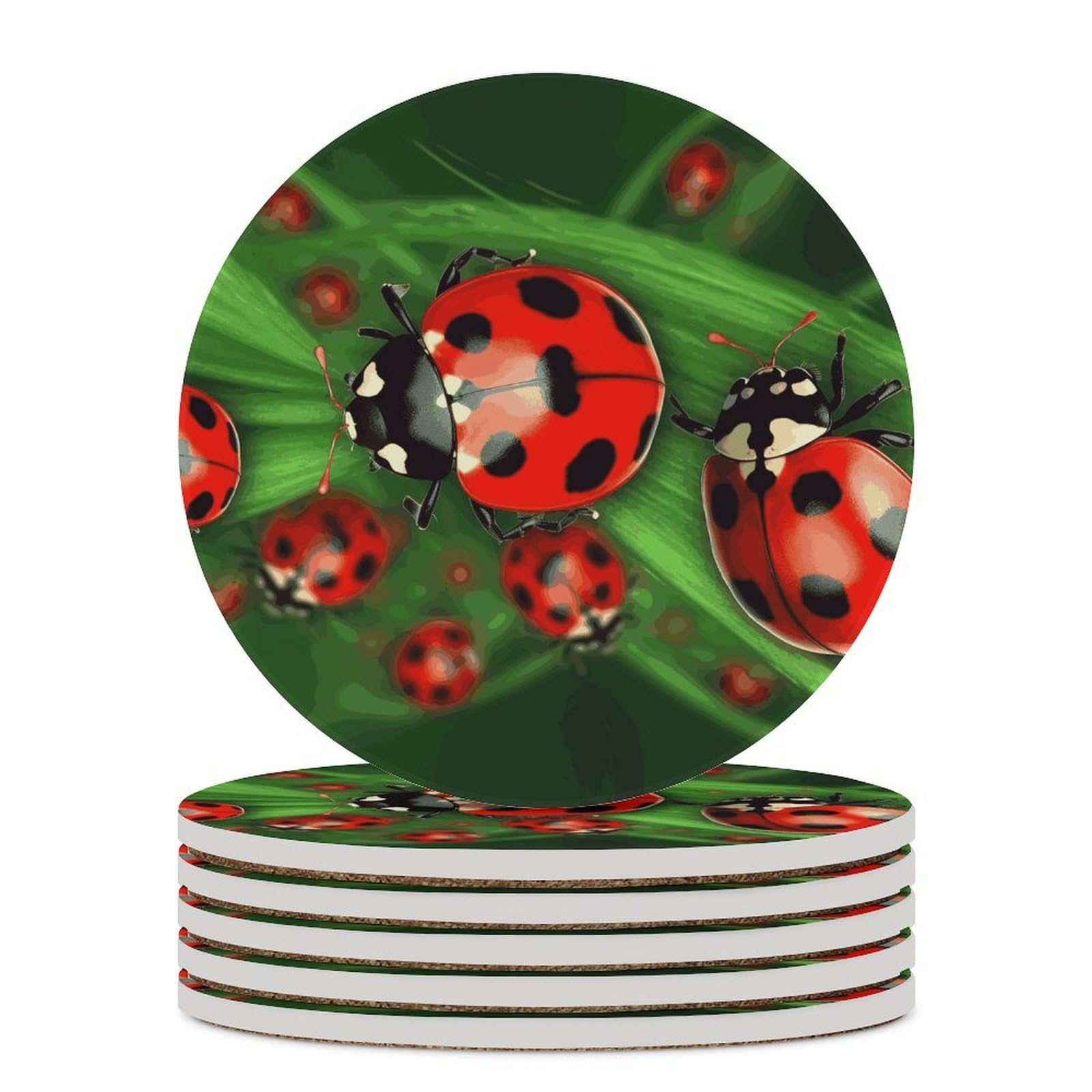 Czerwona biedronka podstawki pod napoje z uchwytem na stolik kawowy, ceramiczna podstawka z podstawą korkową, ceramiczna podstawka kamienna do mrożonych zimnych lub gorących napojów, 10 cm