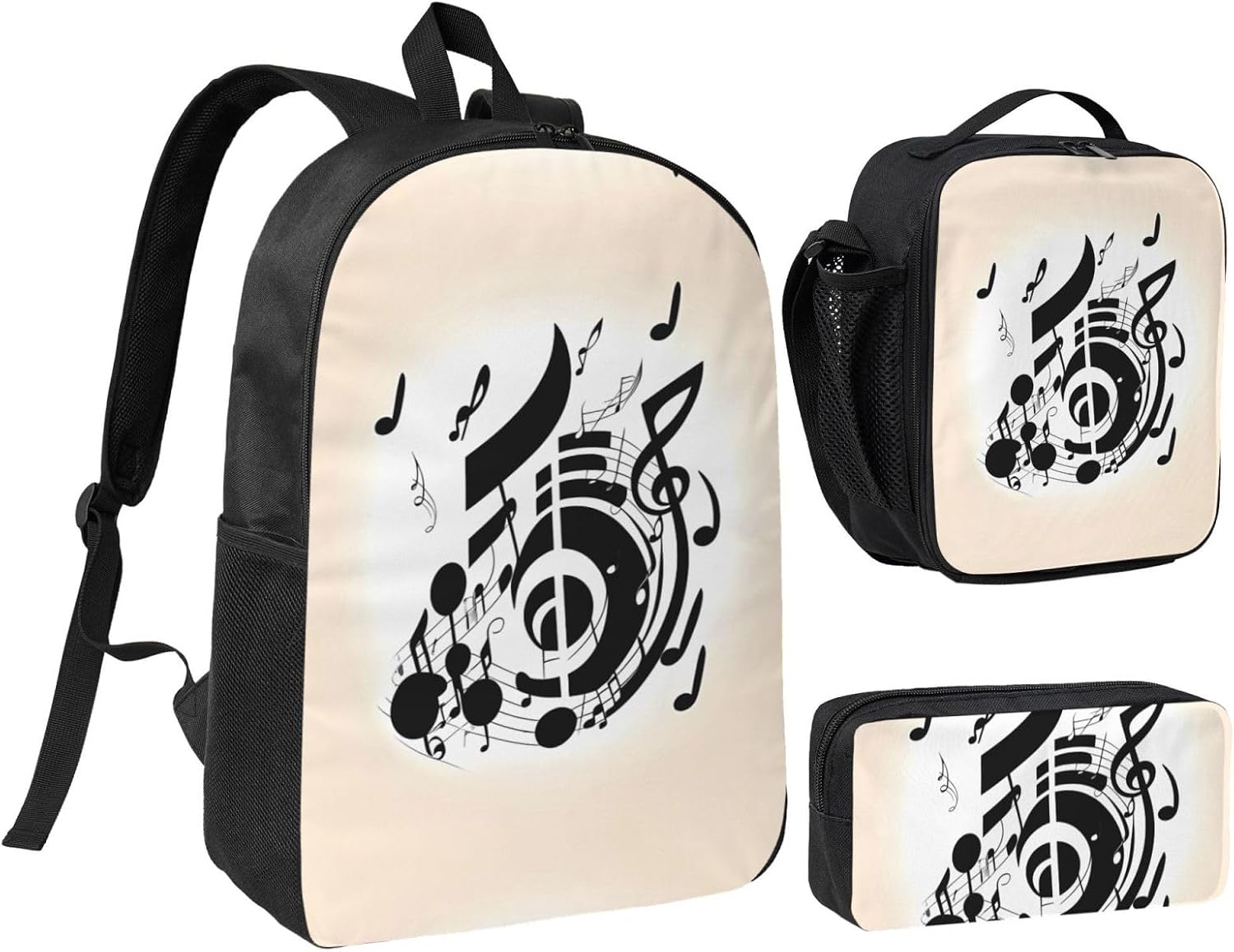 Music Note Backpack Set 3 PCS - 17 Inch Laptop Backpack with Lunch Bag, Waterproof Daypack Insulated Lunch Box Large Capacity Coin Pouch Personalized Gift