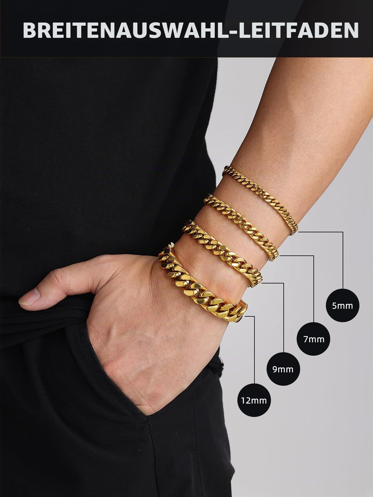 Bestyle Armband für Männer Herren 12,5MM breit Fashion Kettenarmband Damen Kubanische Miami Armkette Länge 19cm Goldkette mit Geschenkbox