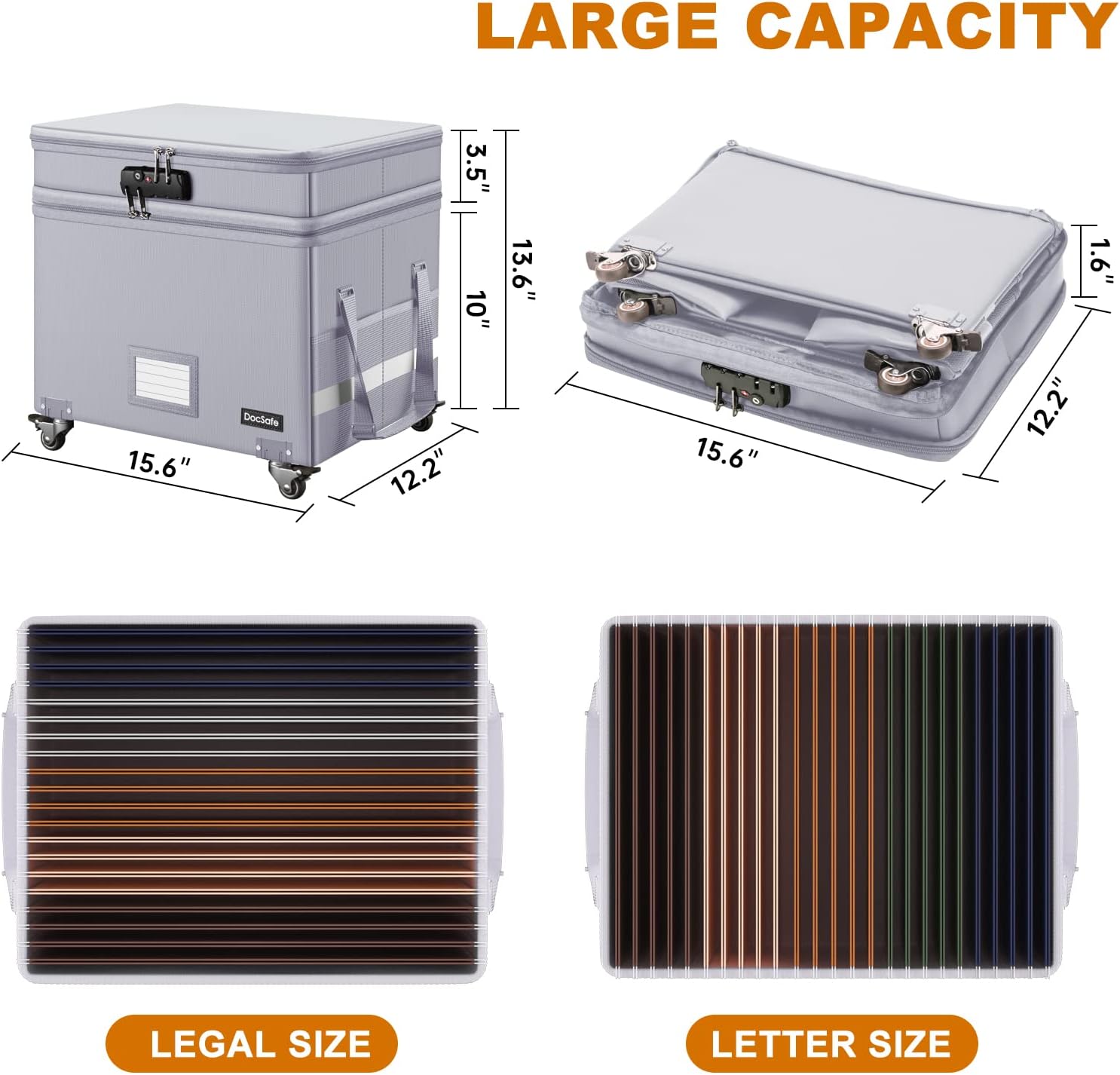 DocSafe File Box with Lock, 2-Layer Fireproof Document Box with Wheels,Collapsible Rolling File Storage Organizer Box with Pockets,Large Portable Home Office Filing Cabinet for Hanging Folders,Silver