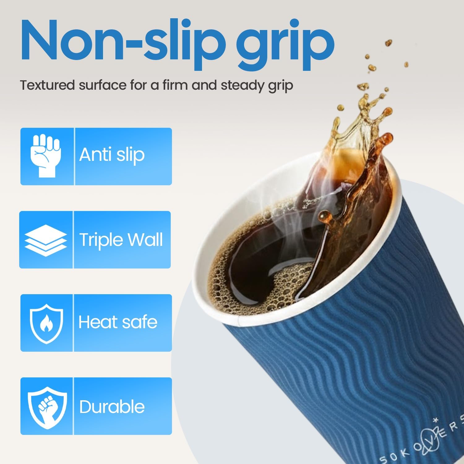 Sturdy Leak-Proof Insulated Disposable Coffee Cups 12 oz Ripple Paper Cups for Hot & Cold Beverages, No Lids (Hot Cocoa, Hot Tea, Iced Tea, Cold Coffee) 100 Pack Blue - Image 2