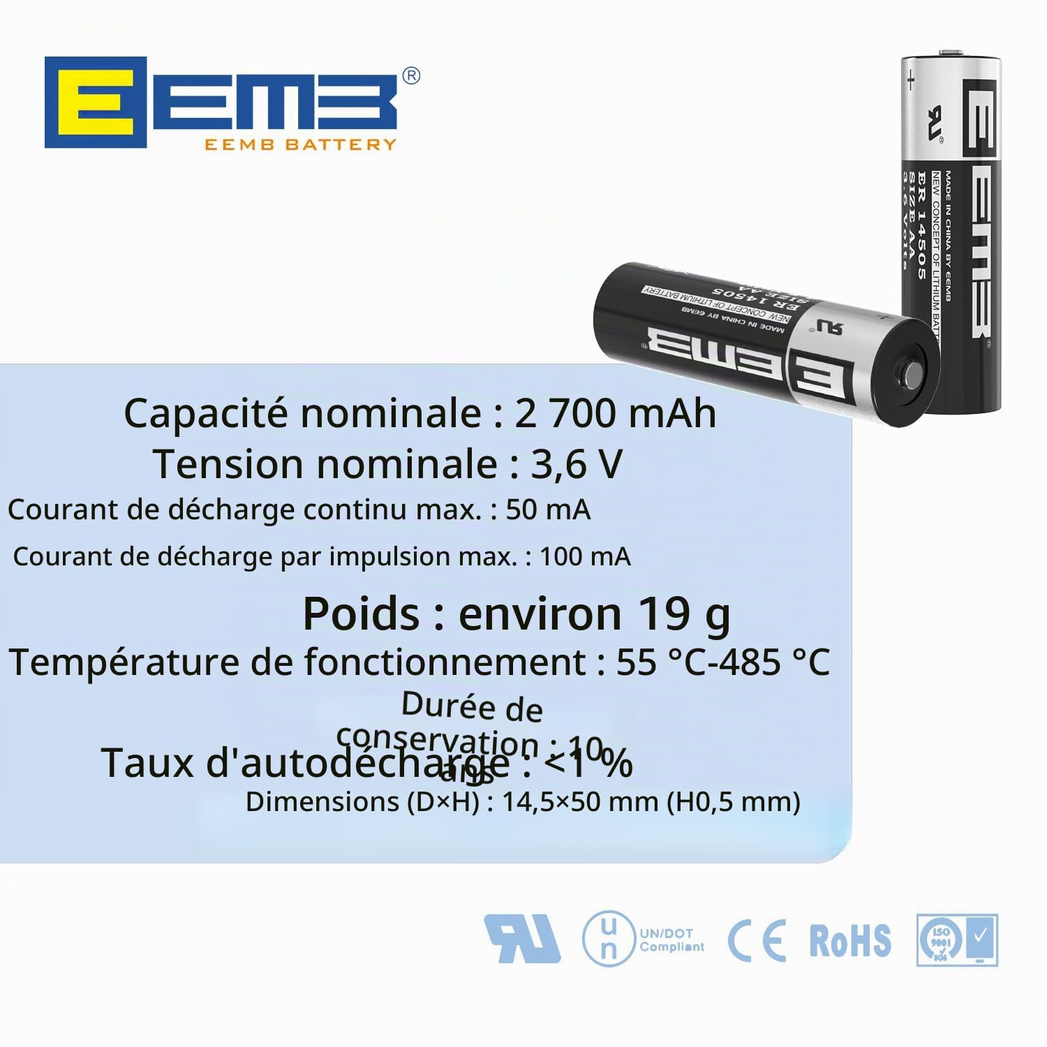 EEMB Lot de 20 ER14505 LS 1450O AA 3,6V Lithium Batterie-Non Rechargeable