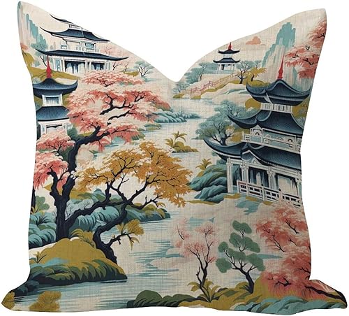 Chinoiserie - Funda de almohada transpirable con diseño de pagoda asiática, color blanco, azul coral, para interiores, diseño de pájaros escénicos,