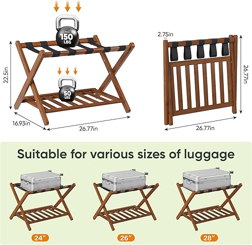 Miniatura 7 de Bamboo Luggage Rack Fully Assembled, Folding Suitcase Stand with Shoe Shelf, Heavy-Duty Luggage Holder for Guest Room Must Haves, Bedroom, Hotel,