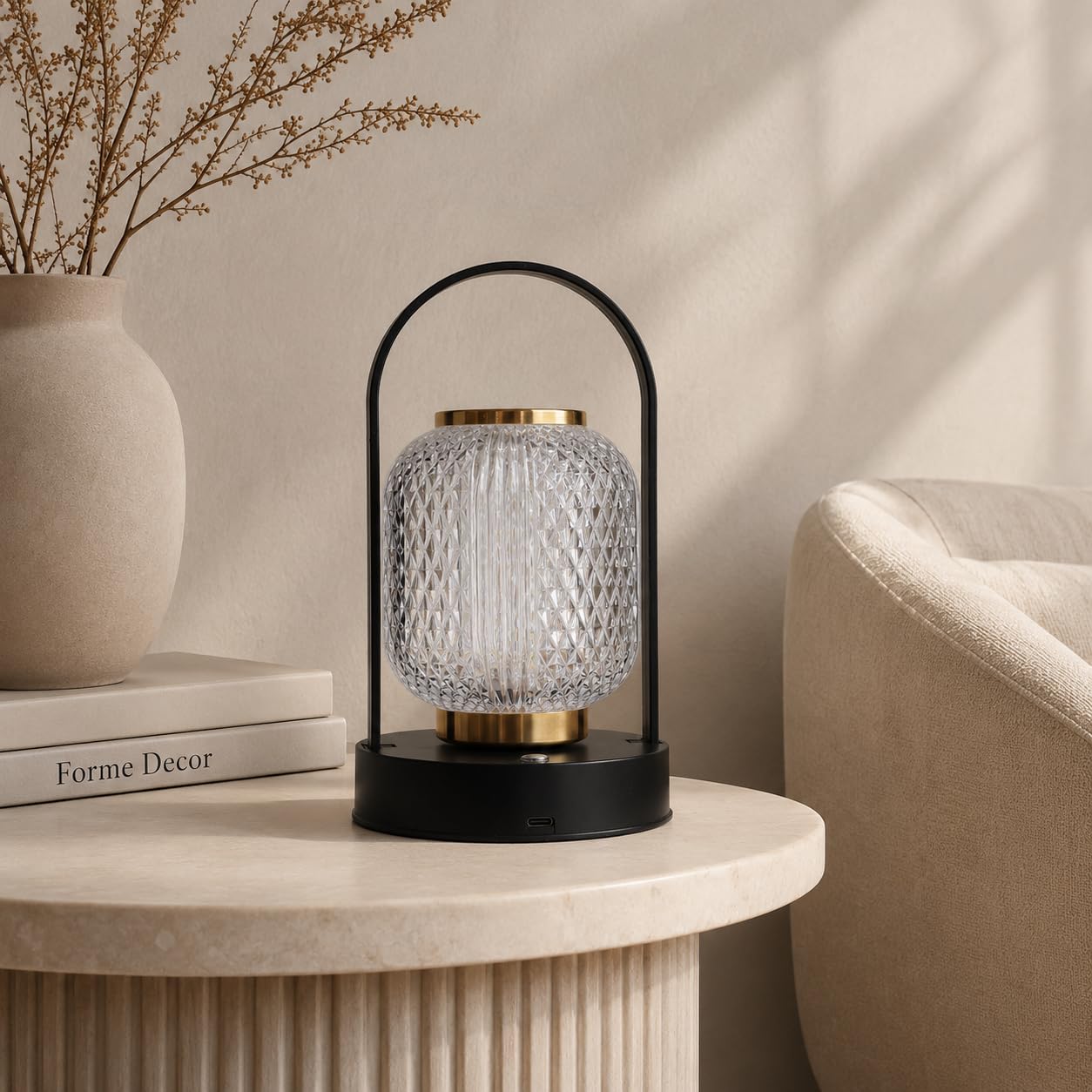 lantern - wireless crystal glass table lamp with touch sensor | 3 colour modes (warm, natural, cool) | dimmable | 10-12 hrs battery | table lamp for bedroom living room dining cafe | black