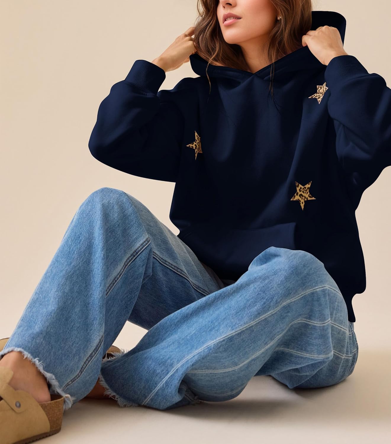 Women Leopard Star Graphic Hoodies Oversized Cheetah Embroidered Hoodie Y2k Streetwear Hooded Sweatshirts with Pocket - Image 4