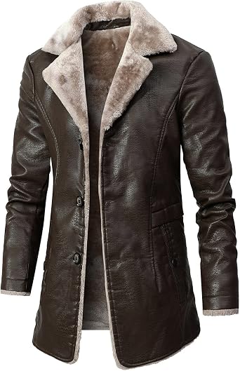 QWENTMTNTY Mens Faux Fur Lined Leather Jackets Winter Shearling Sherpa Jacket Notched Lapel Casual Warm Trench Coat Overcoat