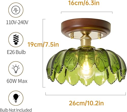 Miniatura 5 de Lámpara de techo semiempotrada de 10 pulgadas con base de cobre de vidrio verde, lámpara de techo vintage para pasillo, moderna lámpara de montaje