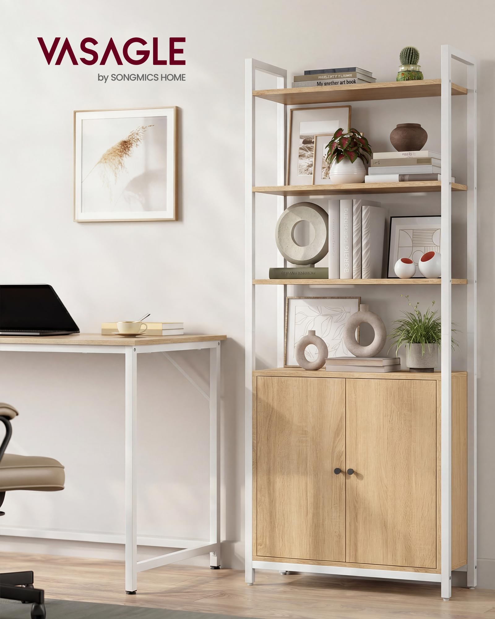 VASAGLE Librería de 6 Niveles, Estantería Vertical con Puerta, Marco de Metal, Estantes Ajustables, para Salón, Dormitorio, 60A, Roble Dorado y Blanco Mate LLS133YA01