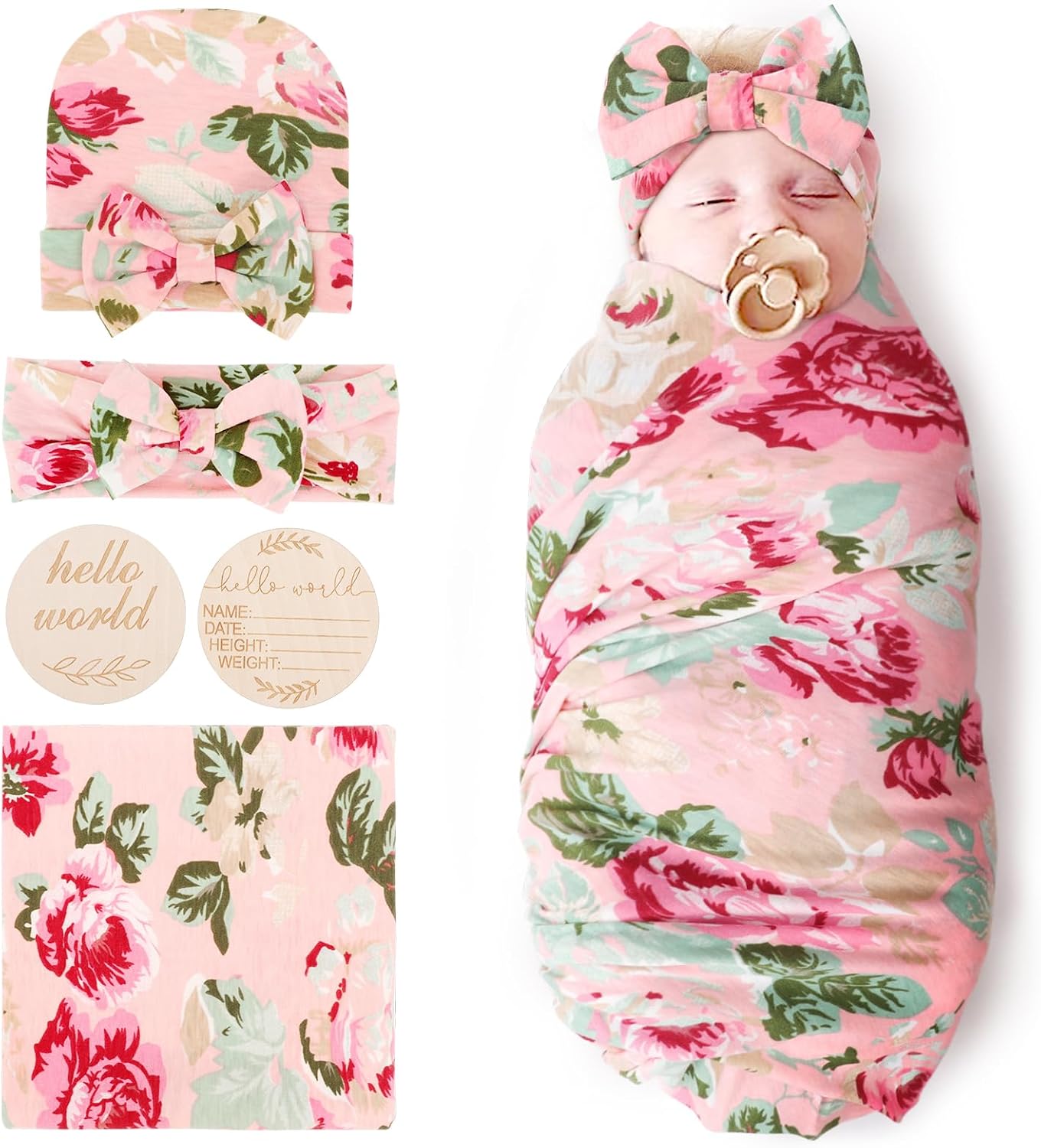 DRESHOW BQUBO Baby Girl Newborn Floral Receiving Blankets with Bow Hat Headband Wooden Birth Announcement Card Set Newborn Baby Swaddling Hats Sleepsack Toddler Warm Shower Gift