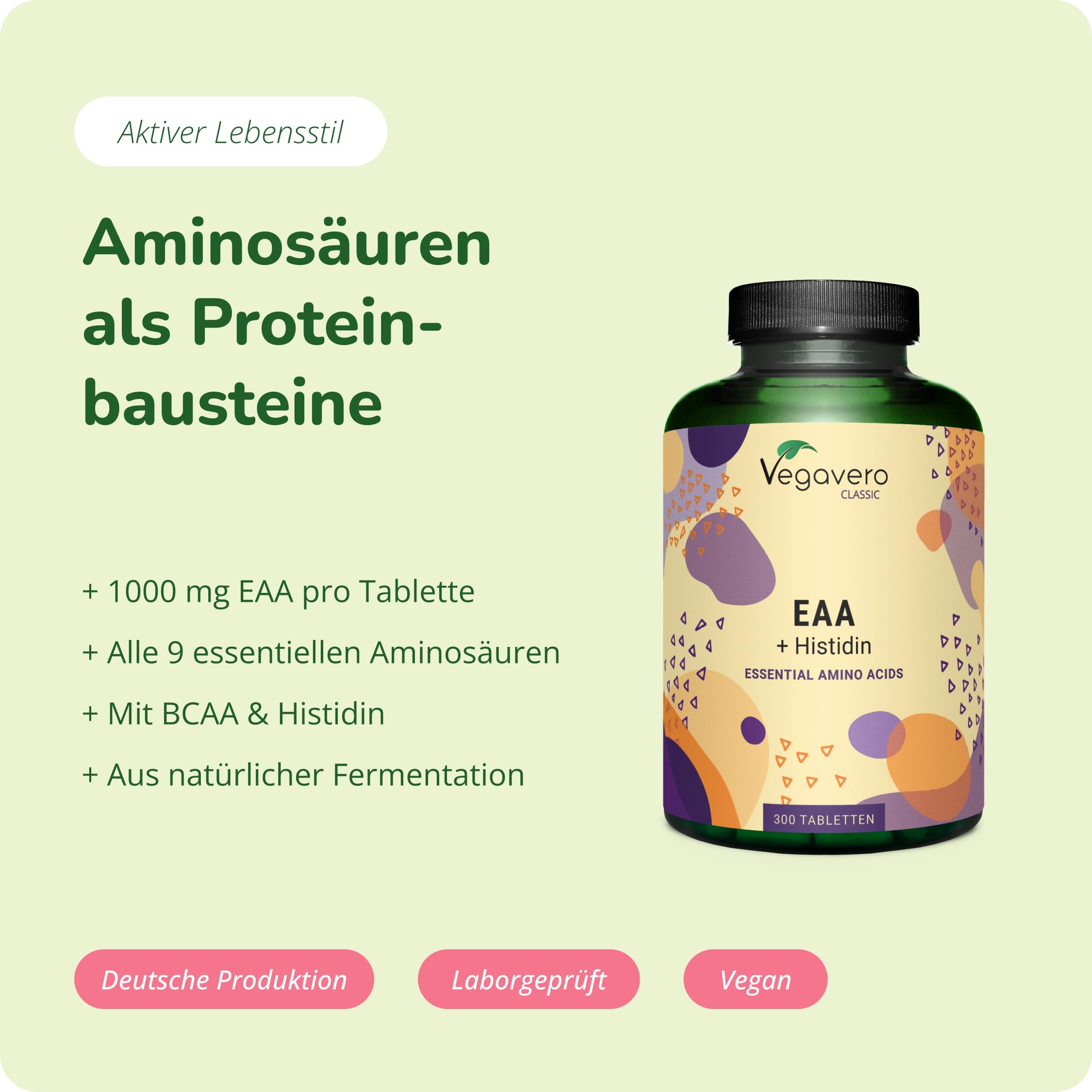 Vegavero EAA Tabletten Hochdosiert - 1000 mg Essentielle Aminosäuren Komplex pro Tablette - Alle 8 EAAs + BCAA & Histidin (2:1:1) - 100% Natürlich aus Fermentation - Vegan - 300 Stück