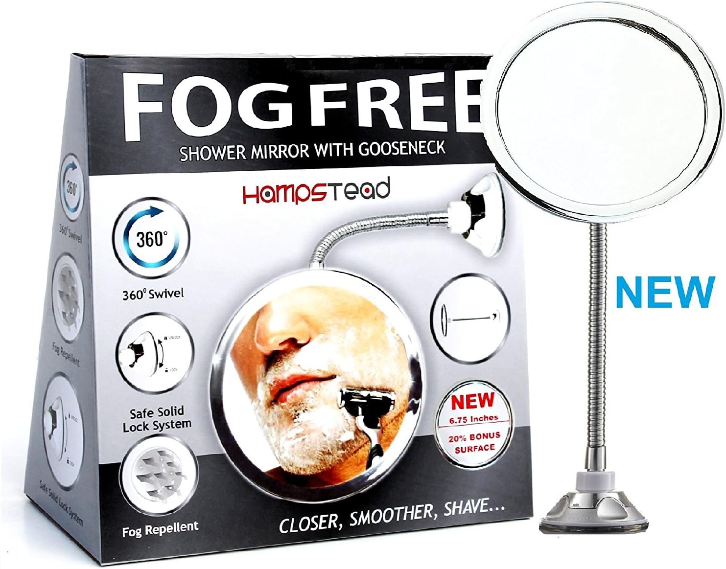 HAMPSTEAD Fogless Shower Mirror with Gooseneck for shower shaving - 11.5 inches extension arm - 360° Swivel Head - Solid Suction Cup – Chrome finish Travel Vanity Makeup Mirror