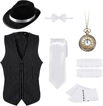 Toulite 1920s Mens Costume Roaring 20s Gangster Accessories Set Gangster Vest Hat Bow Tie Pocket Watch Armbands Spats