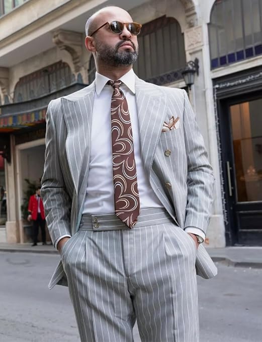 Costume 2 Pièces Rayé Homme, Double Poitrine, Mariage/business, Coupe Slim, Tissu Polyester/coton, Collection ZDJSWJ