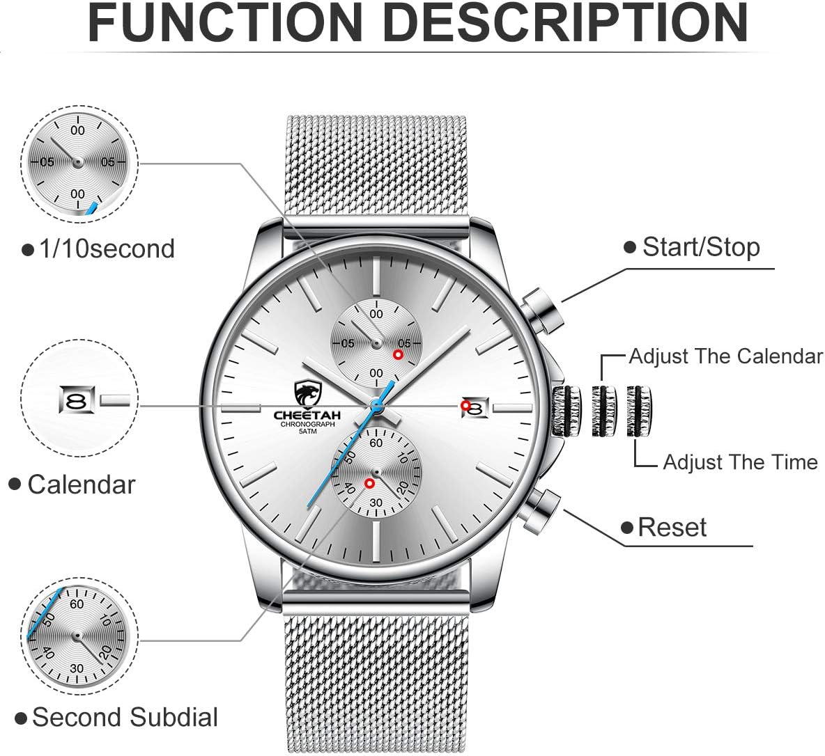 GOLDEN HOUR Mens Watch Fashion Sleek Minimalist Quartz Analog Mesh Stainless Steel Waterproof Chronograph Watches for Men with Auto Date