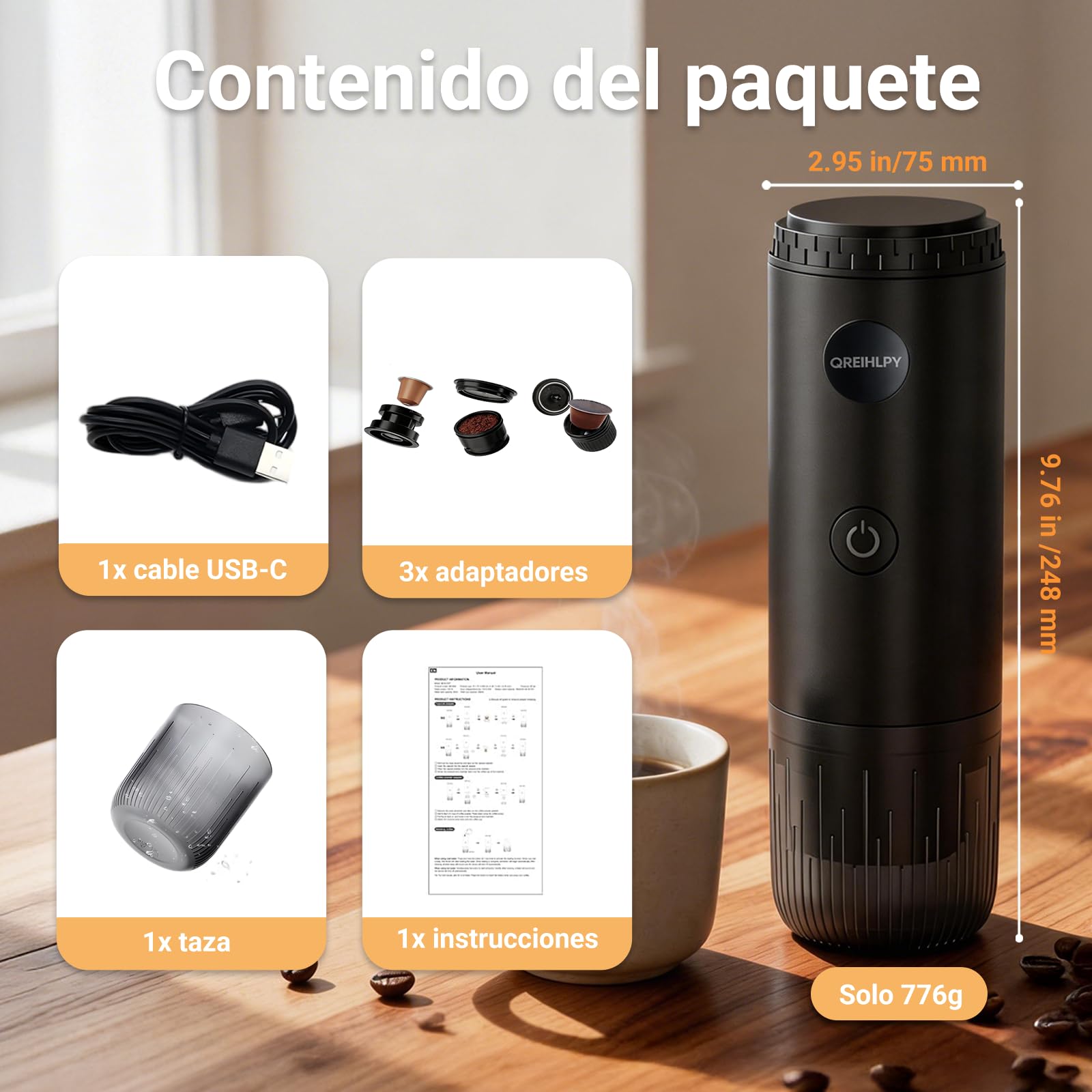 Cafetera Espresso Portátil 20 Bar, Cafetera de Viaje 3 en 1 Compatible con Cápsulas Nespresso y Café Molido, Autocalentamiento, Batería 7800 mAh USB-C, Uso en Coche, Casa y Oficina