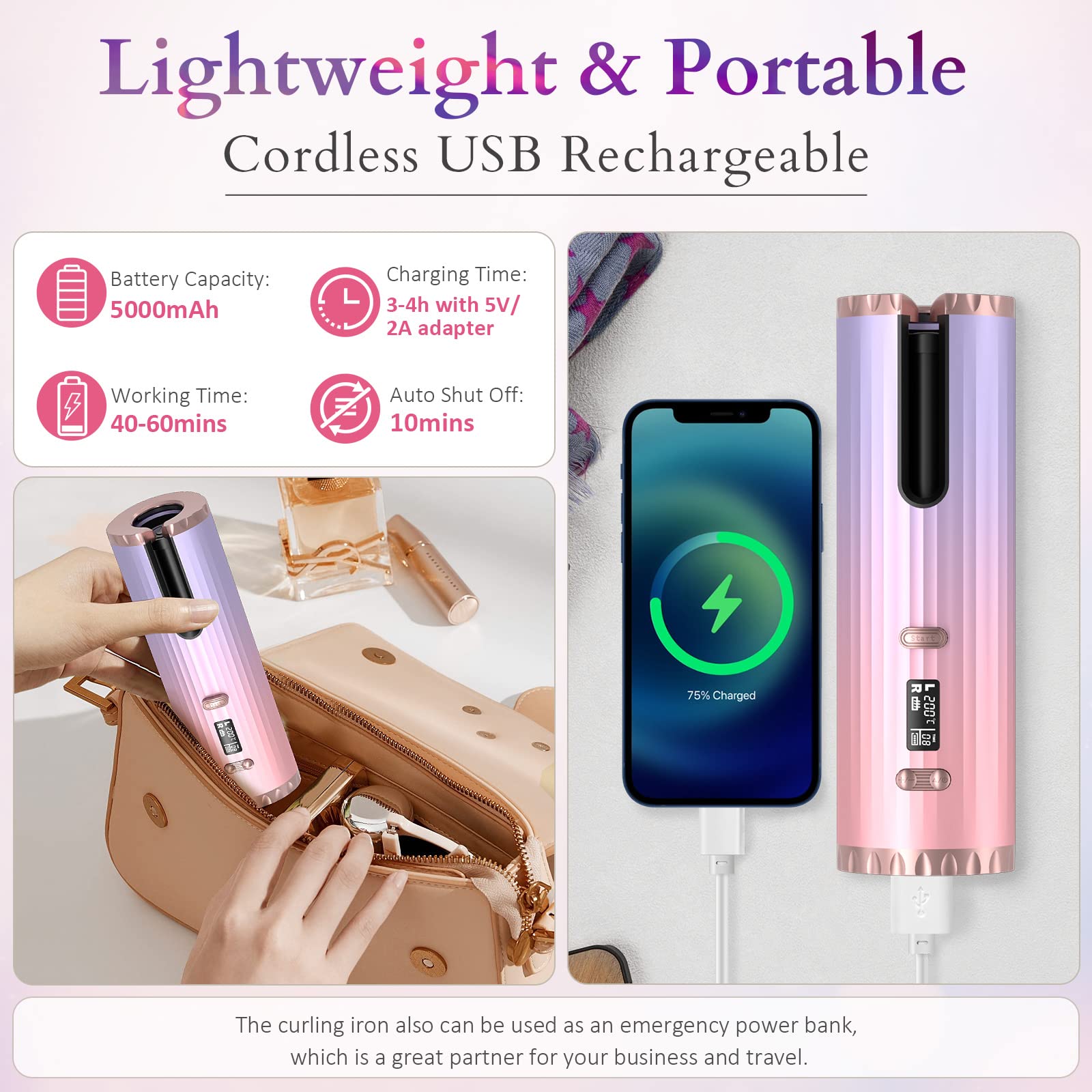 Fer à Friser Automatique, Boucleur a Cheveux Portables, Fer à Boucler Sans Fil Bigoudi Anti-Brûlures, 6 Minuterie/Température, USB Rechargeable, Affichage de LCD (Coloré)