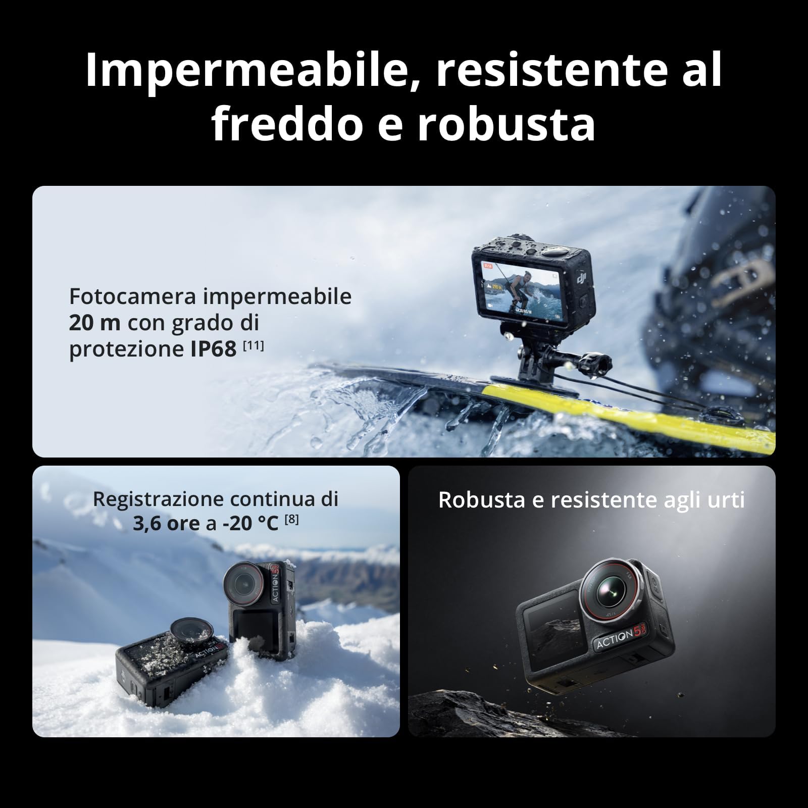 DJI Osmo Action 5 Pro Combo Adventure, action cam 4K con sensore 1/1.3", batteria lunga durata 12h con 3 batterie, stabilizzazione, due touchscreen OLED, mini action cam per viaggi, vlog, Singola