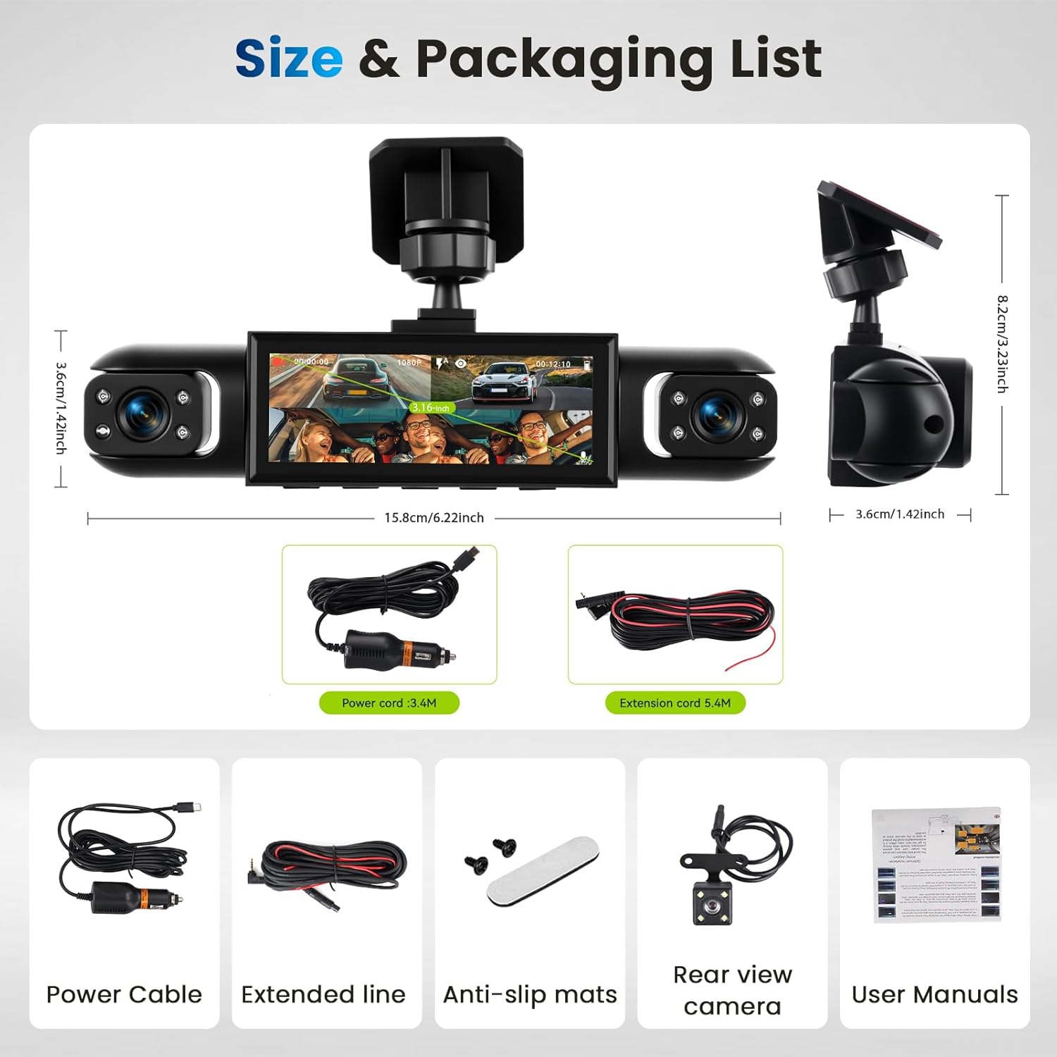 3.16-inch 1080P Dash Cam Front and Rear Inside Left/Right, 4 Channel Dash Camera for Cars, IR Lamp Night Vision Loop Recording Motion Detection Reversing Assistant Exposure Compensation+ 64GB SD Card