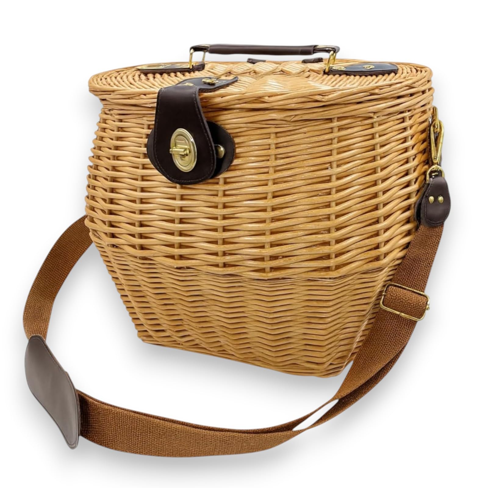 KORAT - Cestino in Vimini con Tracolla e Chiusura in Ottone, Cesto Raccolta Funghi 31x26x29 cm, Borsa Intrecciata Naturale con Maniglia, Robusto e Portatile per Outdoor e Picnic