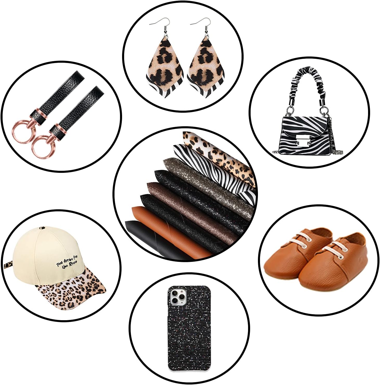 Picheng Black & Brown Theme Faux Leather Sheets, 8pcs/Set 8" x 12" Glitter & Zebra & Leopard Pattern Leather Fabric Sheets for Leather Earring, Crafts DIY Projects (Black & Brown)