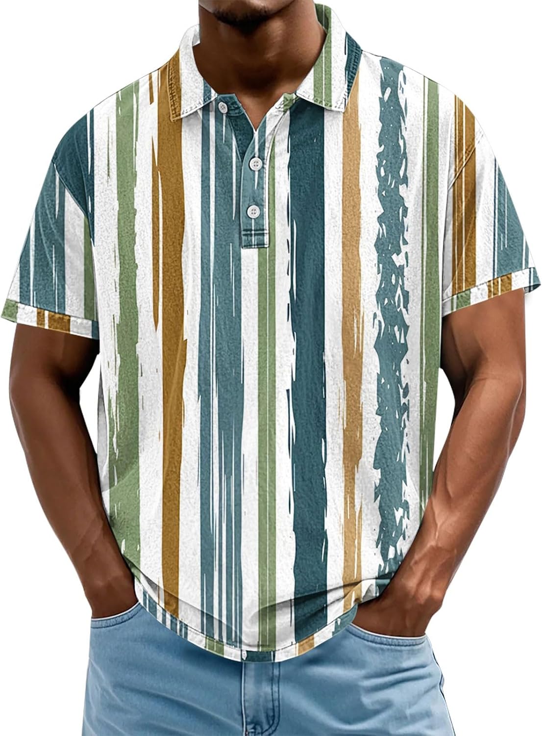Mens Vertical Striped Polo Shirts Short Sleeve Plus Size Novelty Print Golf Tshirt Trendy Color Block Tee Summer Tops
