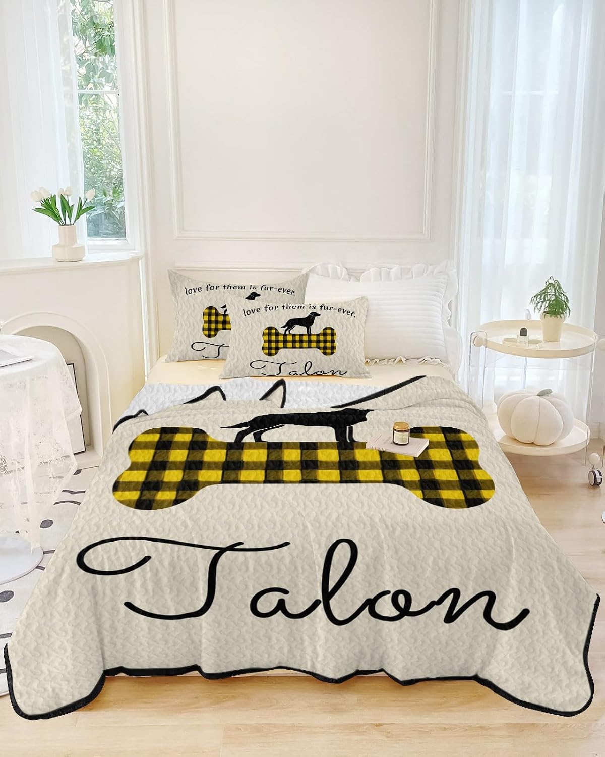 King Size Quilt Set, Yellow Black Buffalo Plaid Bone Cute Dog Lightweight Bedspread Coverlet Set Soft Microfiber Summer Quilt with 2 Pillow Shams, Vintage Linen 3 Piece Comforter Bedding Set