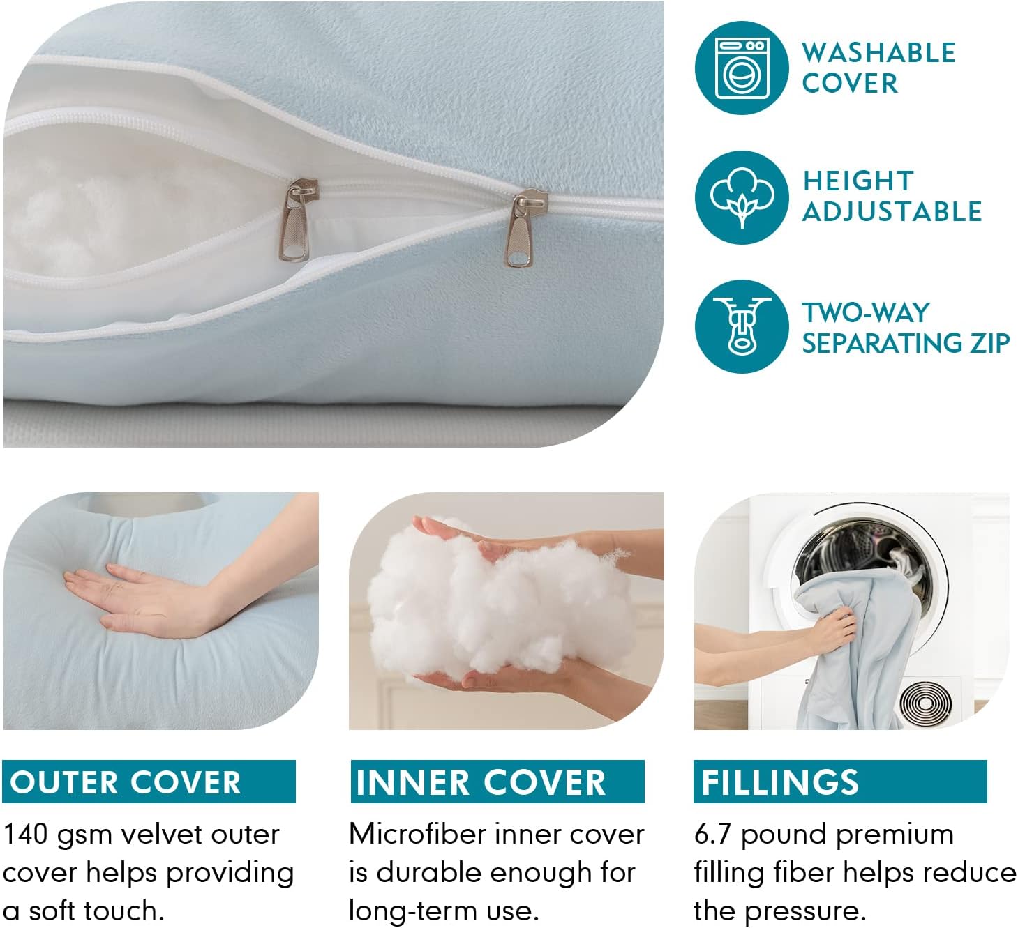 JOHNPEY Pregnancy Pillows for Sleeping, U Shaped Full Body Pillow - Pregnancy Must Haves Maternity Pillow with Removable Velvet Cover, 55inch, Babyblue