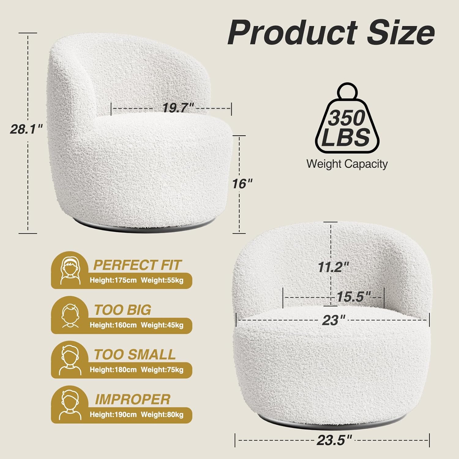 Swivel Accent Chair, 360° Small Round Barrel Chairs, Modern Cozy Sherpa Padded Armchair, for Living Room, Bedroom, Waiting Room, Office, White