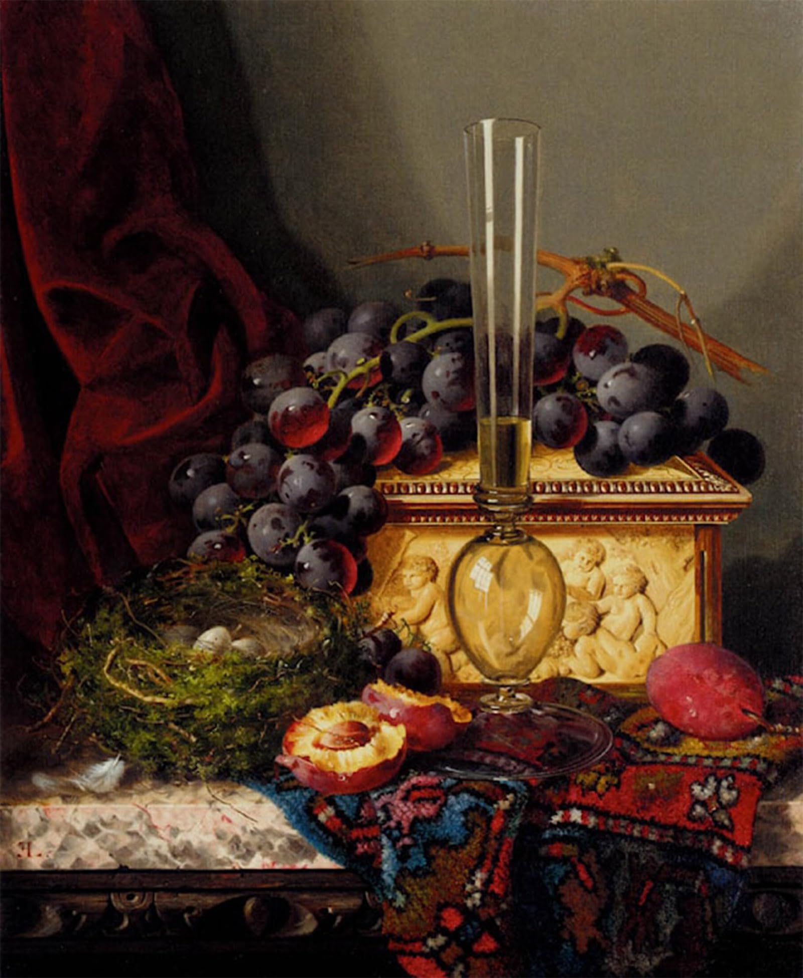 SERENDIPITP Abstract Painting Mural Print Picture Wall Decor Painting Still Life with Fruit Birds Nest Glass Vase and Casket by Edward Ladell Vintage Wall Artwork for Home Decor 60x90cm