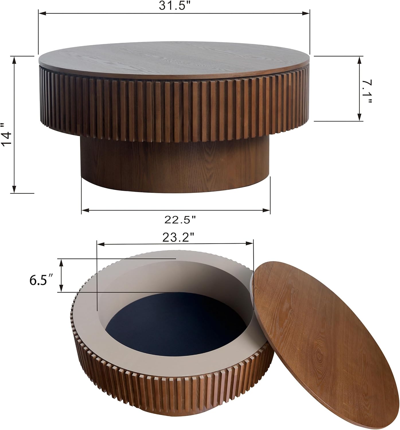 31.5'' Round Coffee Table with Storage, Solid Wood Veneered Modern Coffee Table Accent Tea Table for Living Room, Bedroom, Apartment or Office